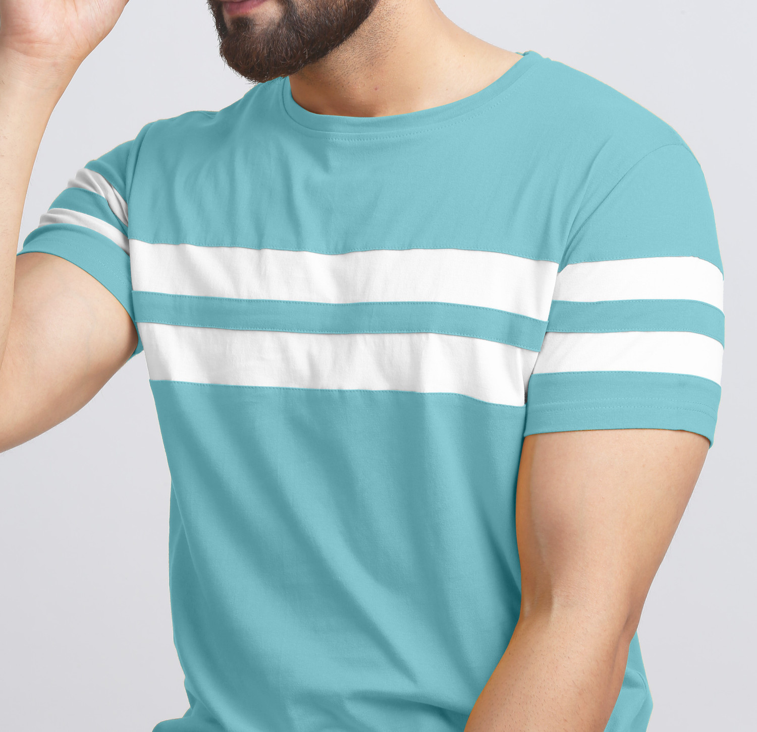 Image of AUSK Striped Men Round Neck Light Blue, White T-Shirt