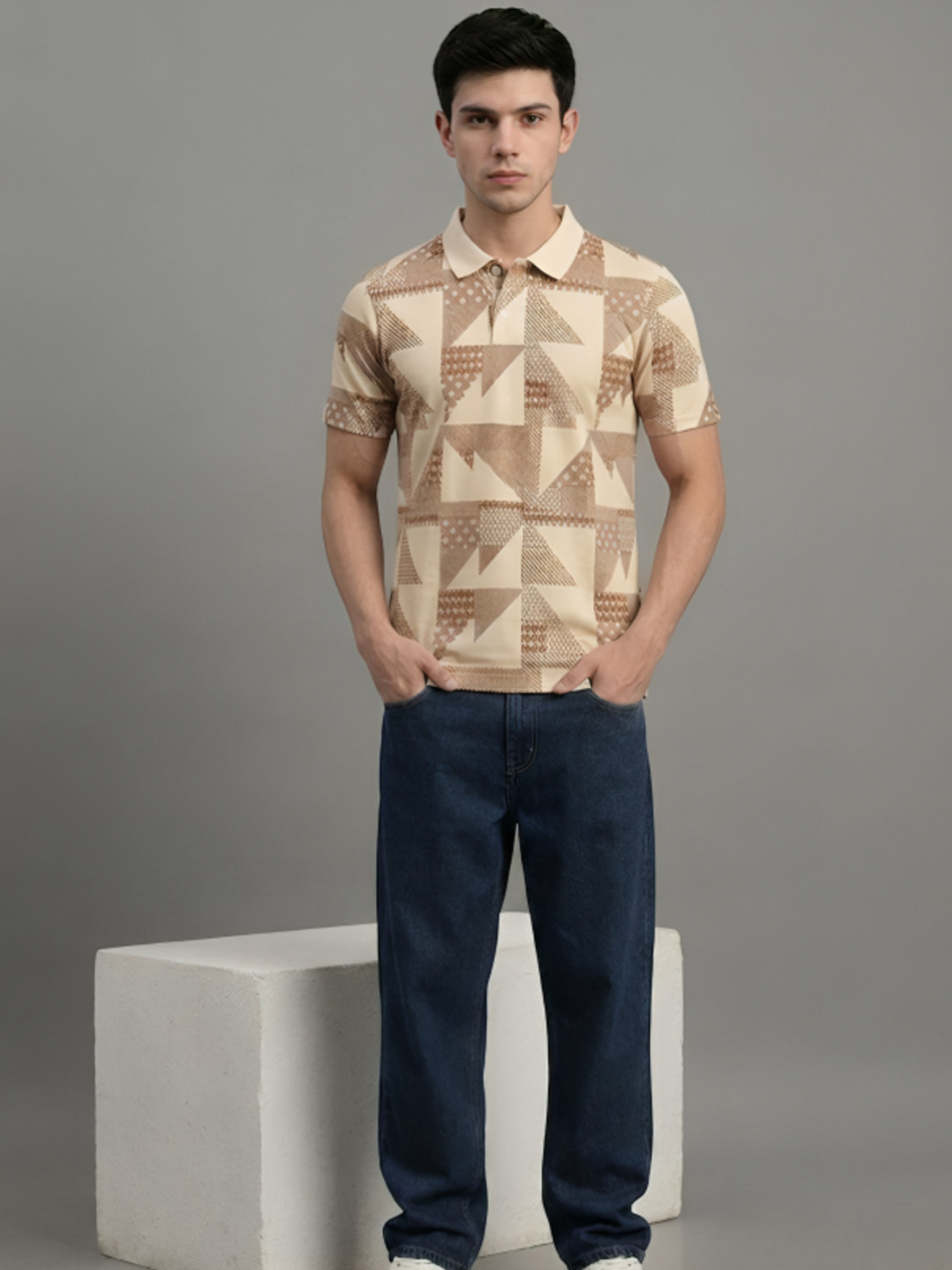 Image of HERE&NOW Printed Men Polo Neck Beige T-Shirt