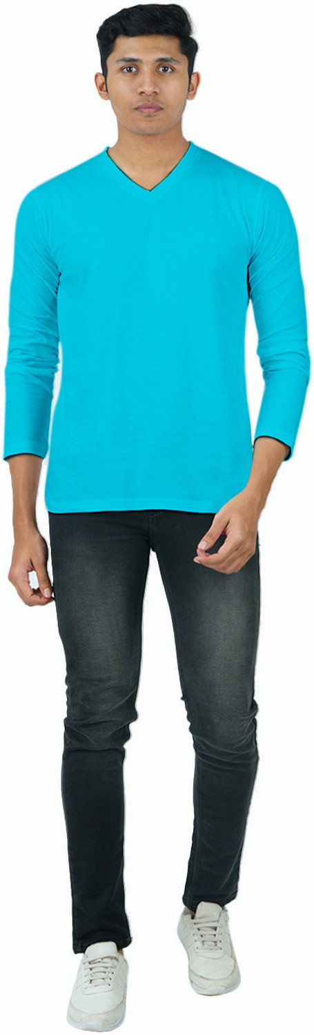 Image of Smart Colors Solid Men V Neck Blue T-Shirt