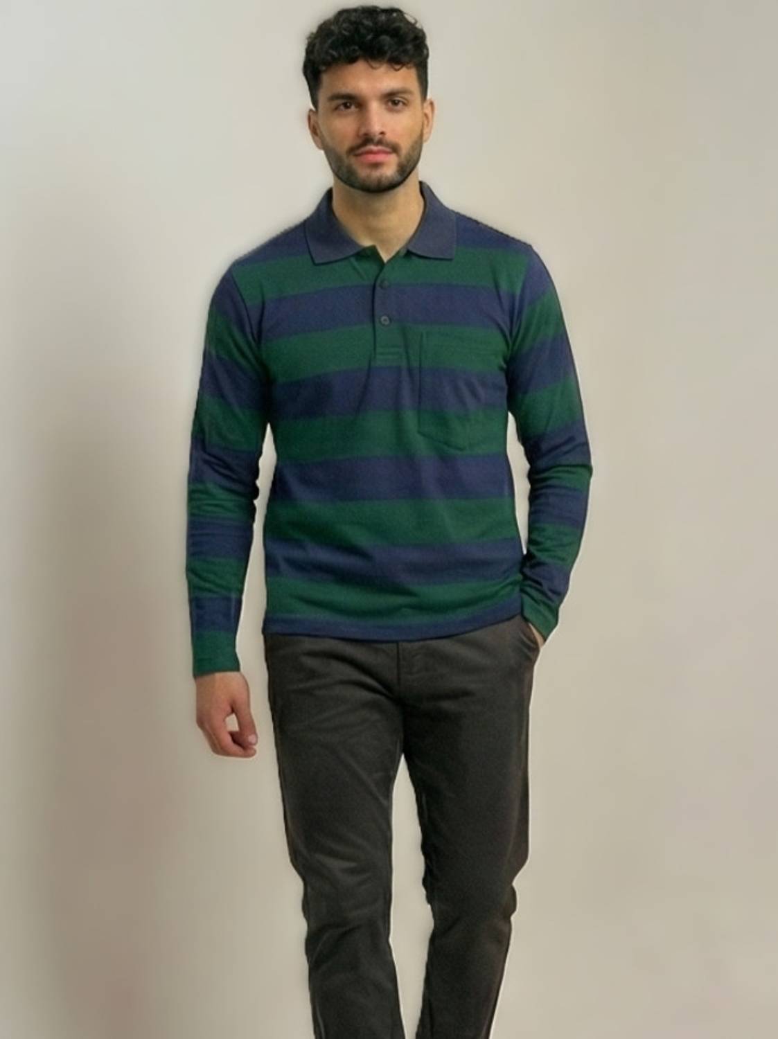 Alvin Dark Green Striped Polo Neck T-Shirt - Image 2