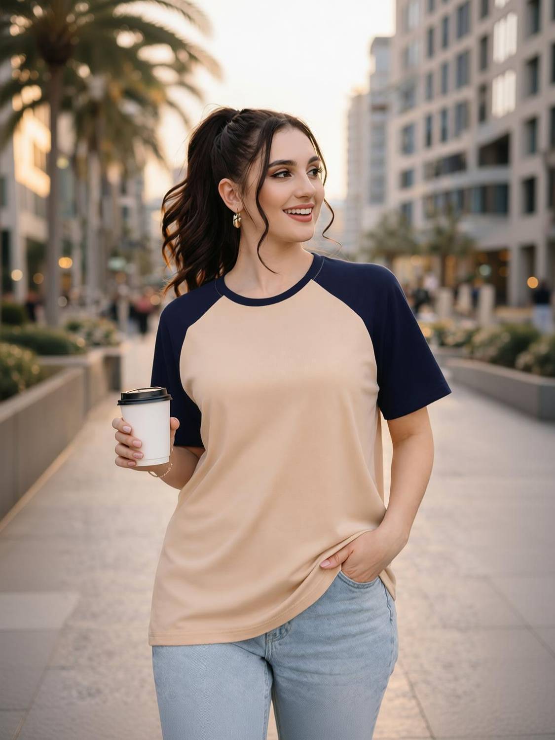 Adyavastram Colorblock Women Round Neck Beige, Blue T-Shirt