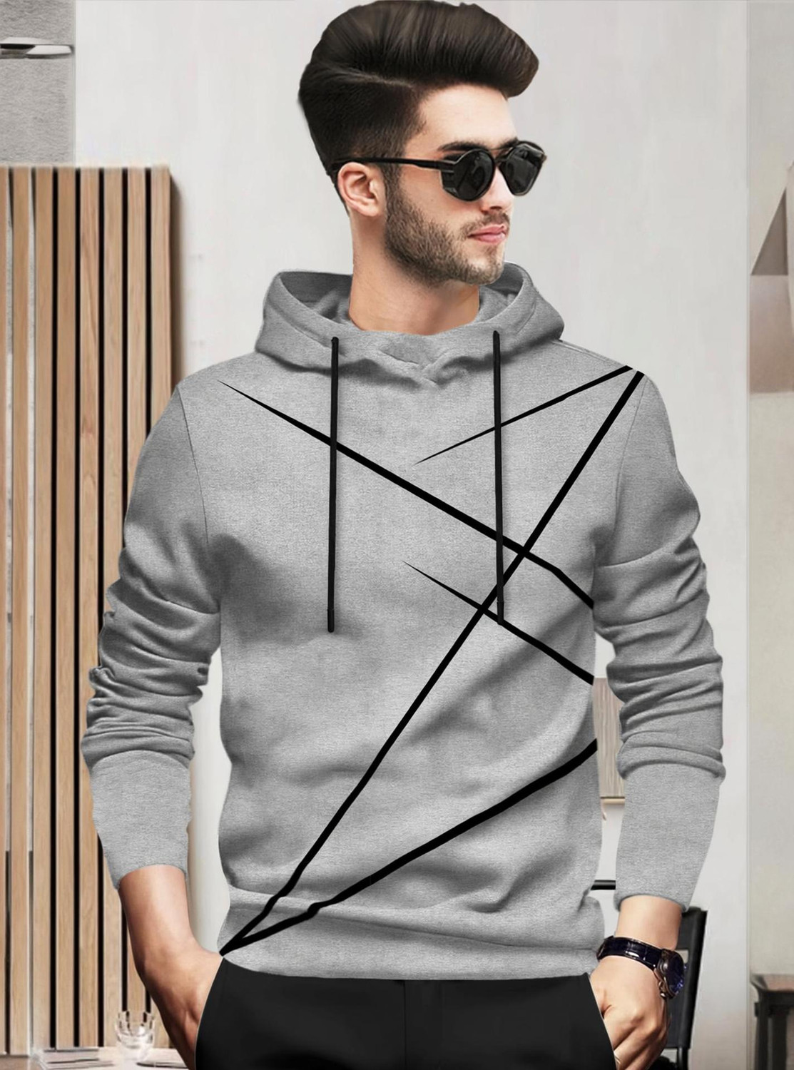 Image of BLIVE Printed Men Hooded Neck Grey T-Shirt
