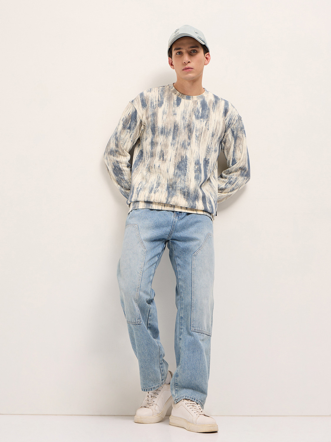 Image of THE BEAR HOUSE Self Design Men Crew Neck Blue T-Shirt