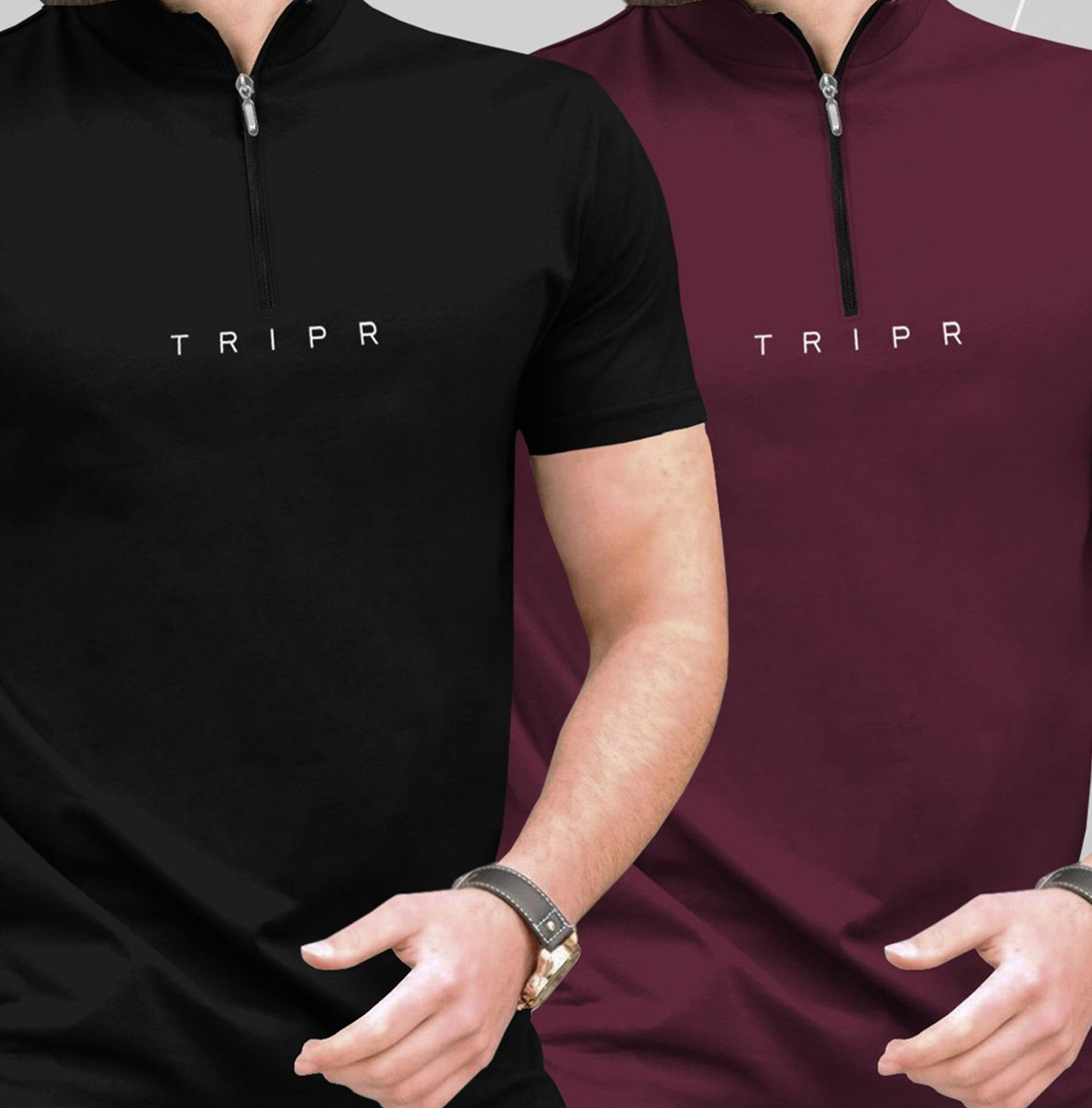 Image of TRIPR Solid Men Henley Neck Black, Maroon T-Shirt