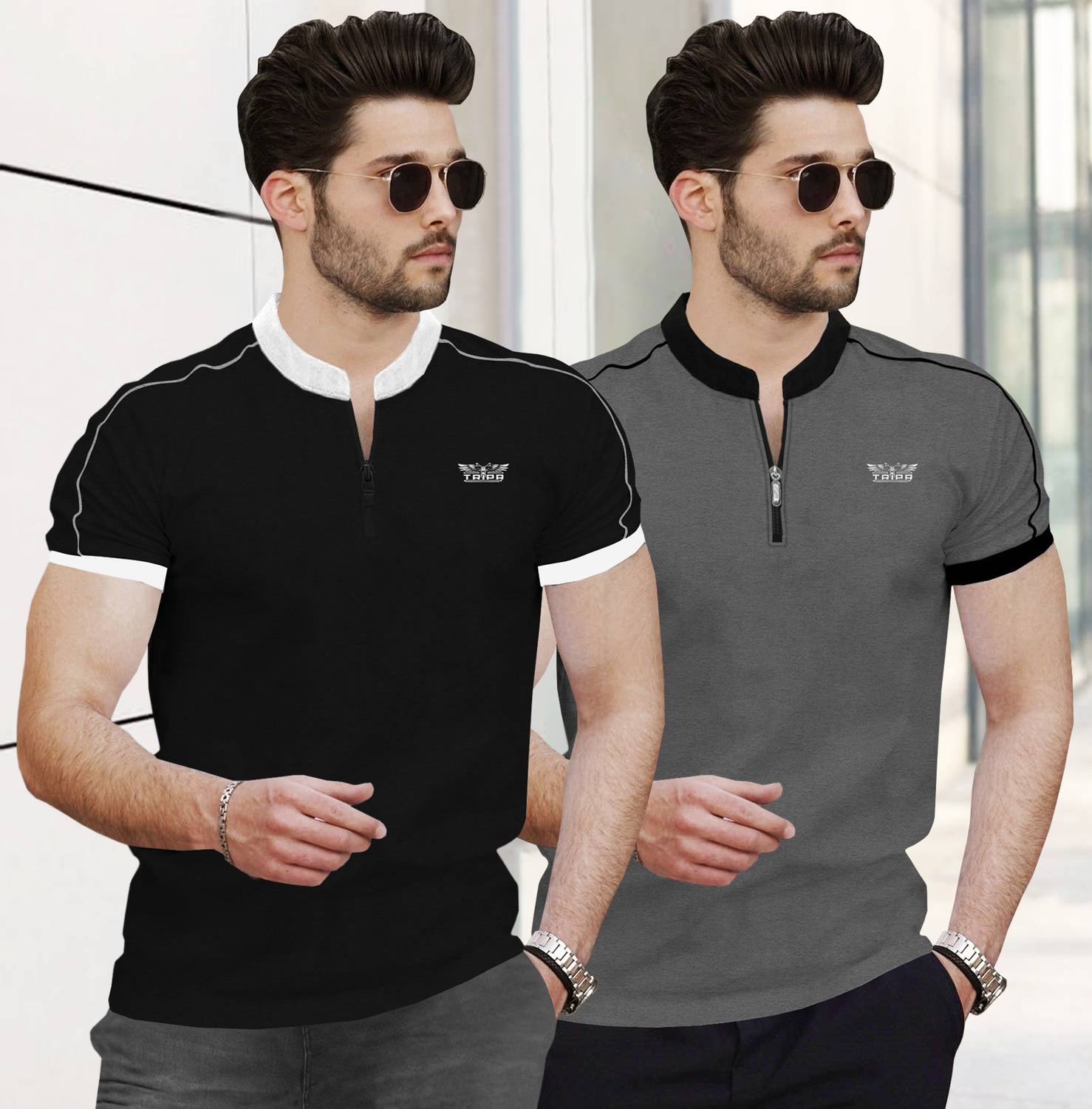 TRIPR Pack of 2 Men Typography Mandarin Collar Cotton Blend Multi
