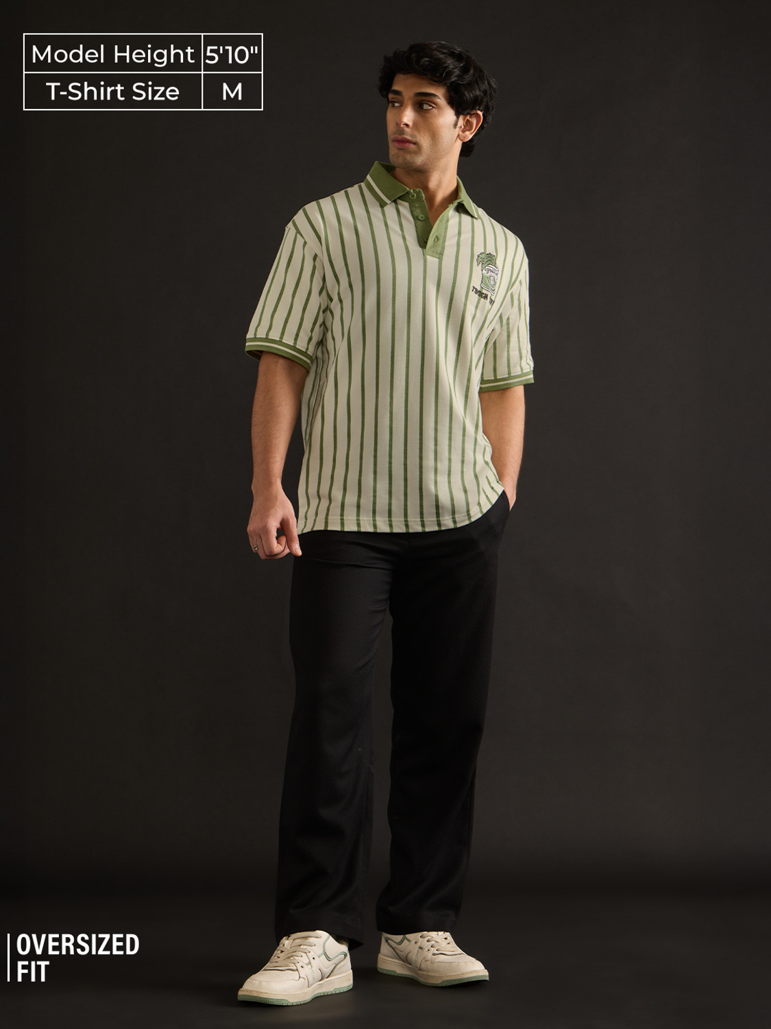 Image of The Souled Store Striped Men Polo Neck Light Green T-Shirt