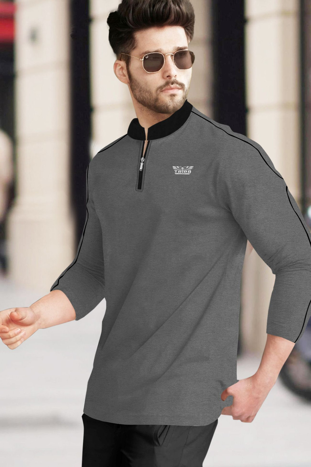 Image of TRIPR Solid Men Mandarin Collar Grey, Black T-Shirt