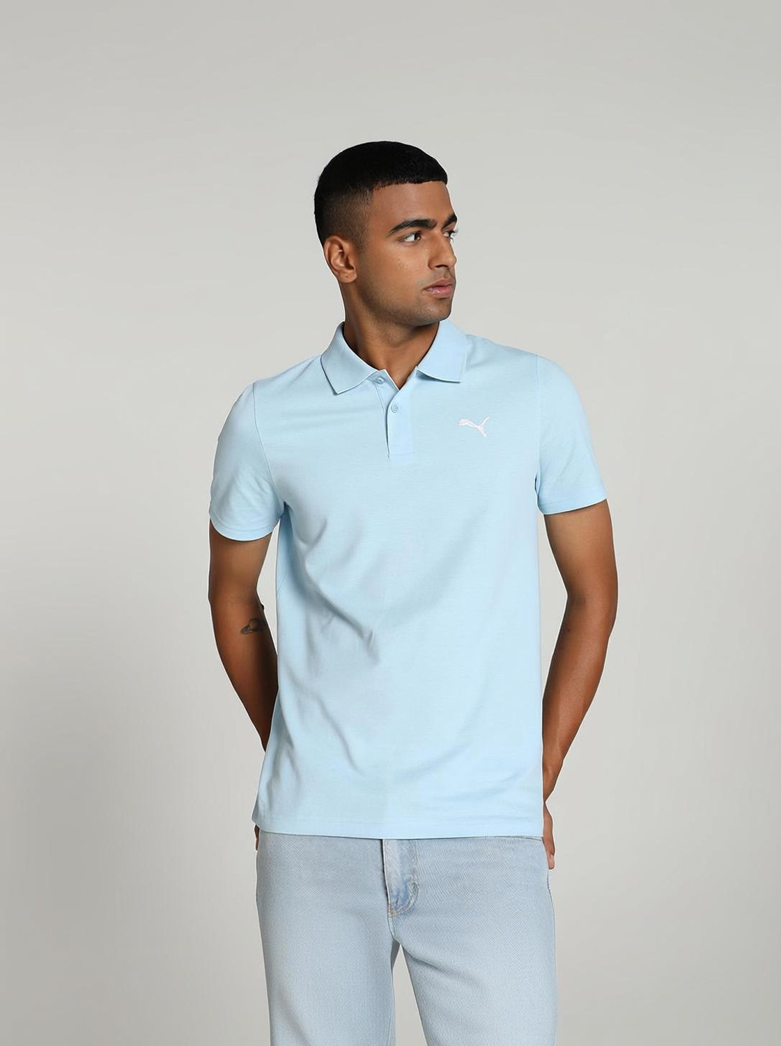 Image of PUMA Solid Men Polo Neck Blue T-Shirt