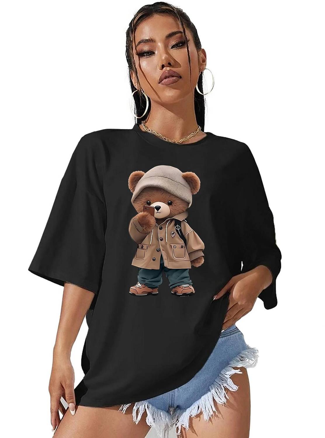Absolute Defense Printed Women Round Neck Black T-Shirt