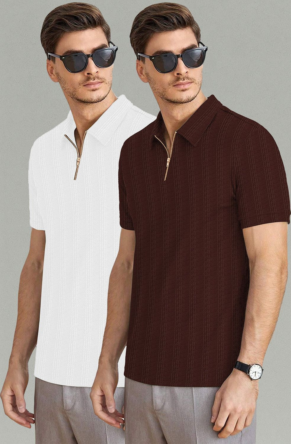 Image of Happy Khajana Self Design Men Polo Neck Brown, White T-Shirt
