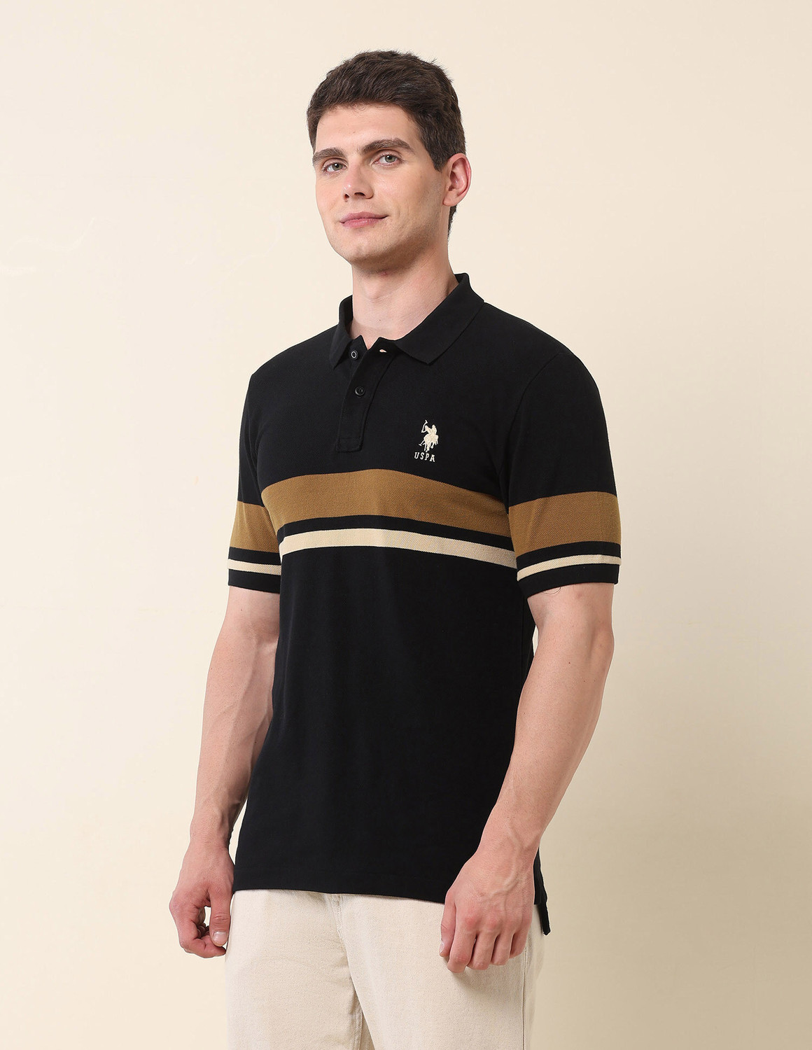Image of U.S. POLO ASSN. Striped Men Polo Neck Black T-Shirt