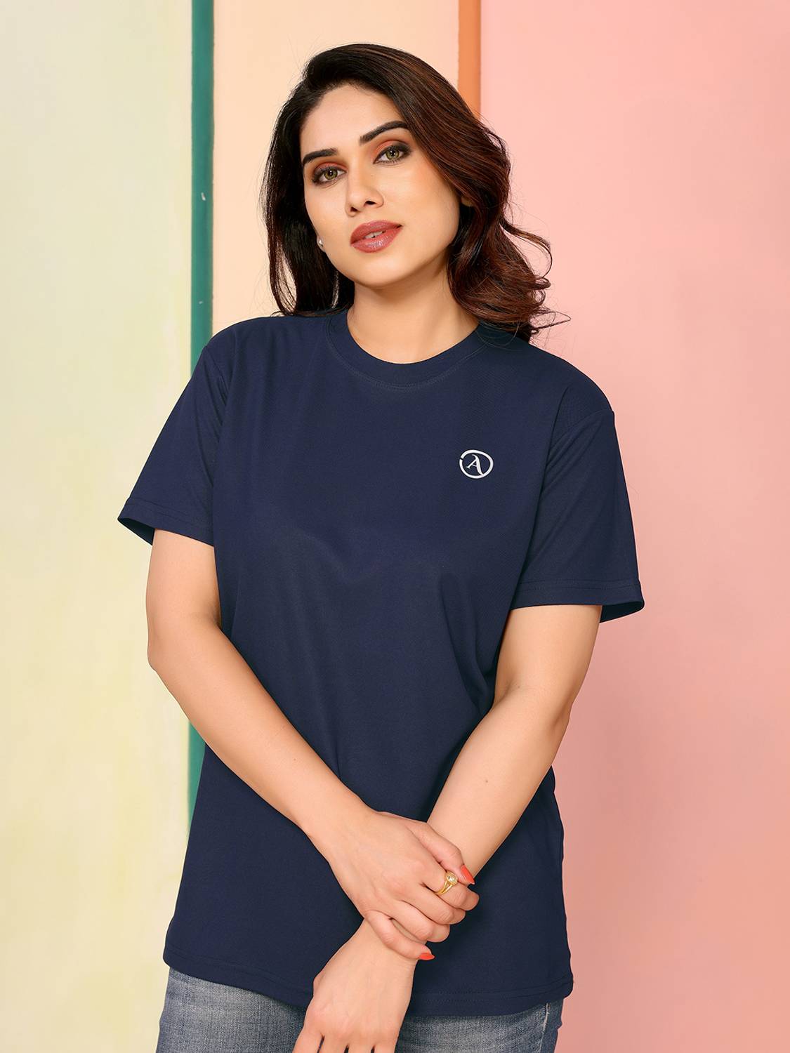 ANAND Solid Women Round Neck Dark Blue T-Shirt