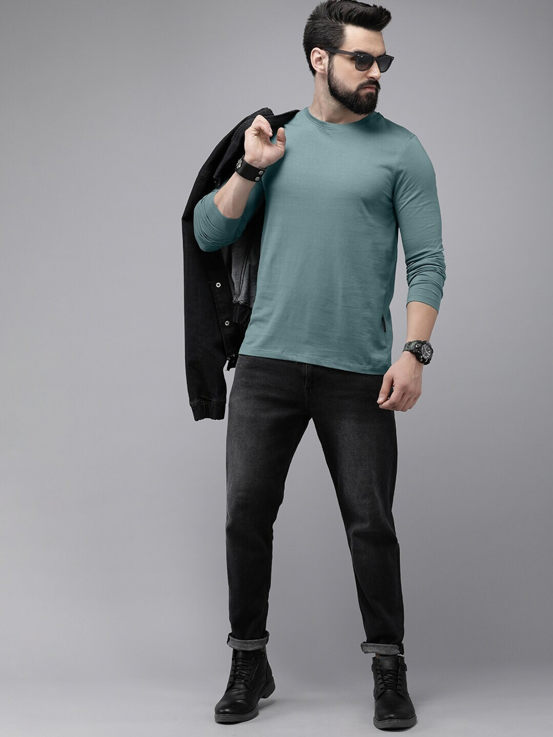 Image of Roadster Solid Men Round Neck Light Blue T-Shirt