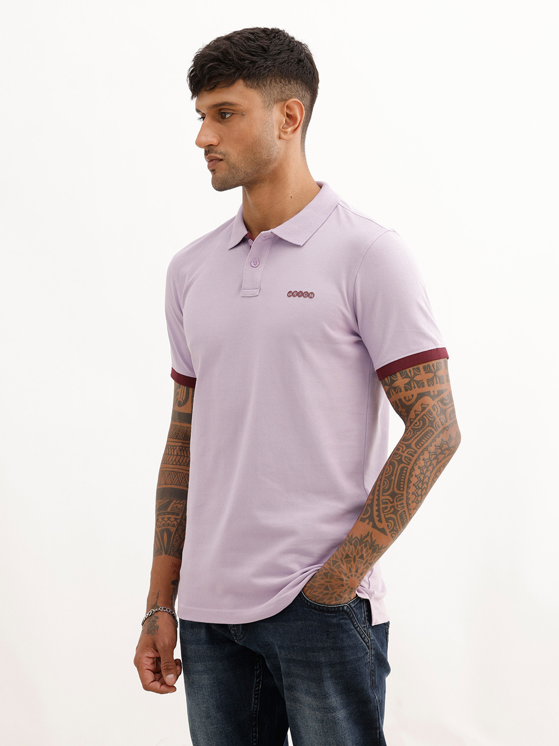Image of WROGN Men Solid Polo Neck Pure Cotton Purple T-Shirt