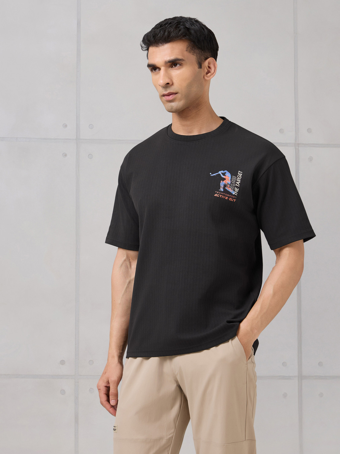 Image of TECHNOSPORT Graphic Print Men Round Neck Black T-Shirt