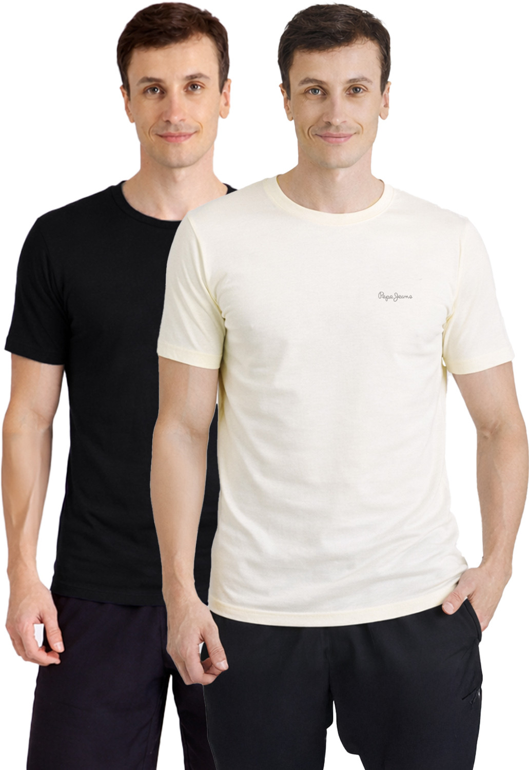 Image of Pepe Jeans Solid Men Round Neck Black, White T-Shirt