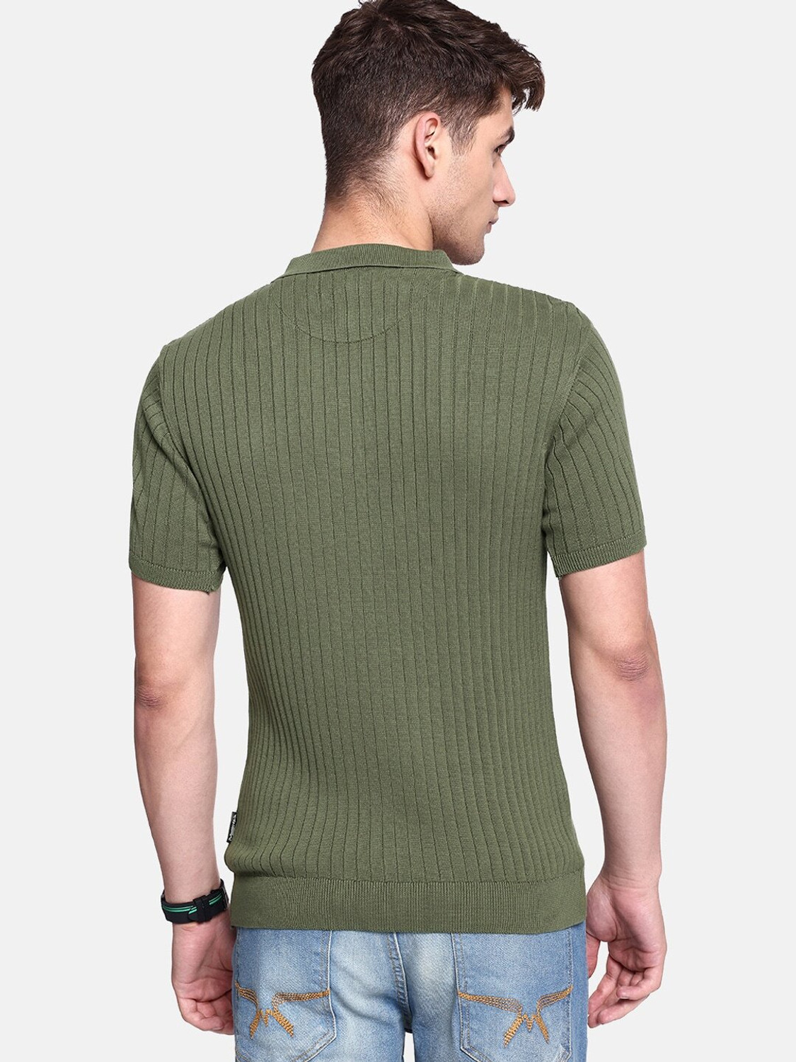 Image of Roadster Self Design Men Polo Neck Green T-Shirt
