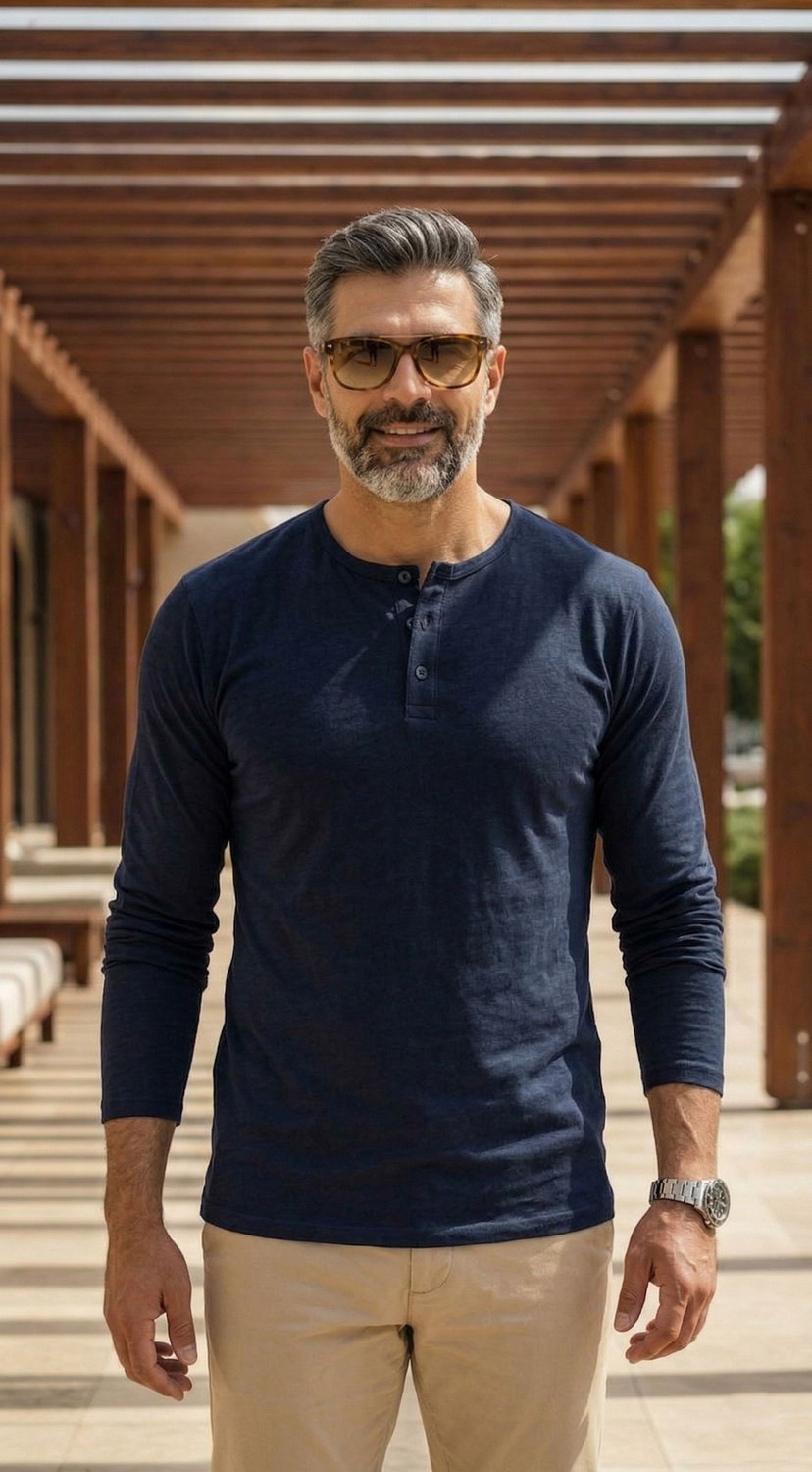 Image of Leon Self Design Men Henley Neck Dark Blue T-Shirt