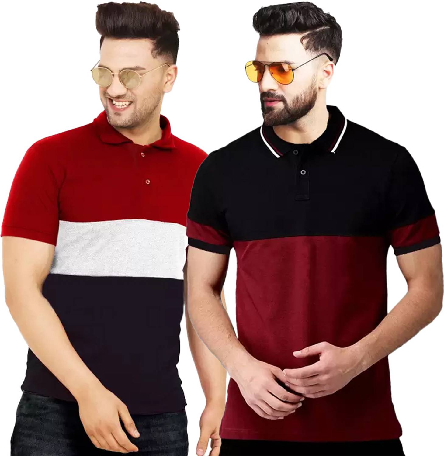 Leotude Men Colorblock Polo Neck Cotton Blend Multicolor T-Shirt