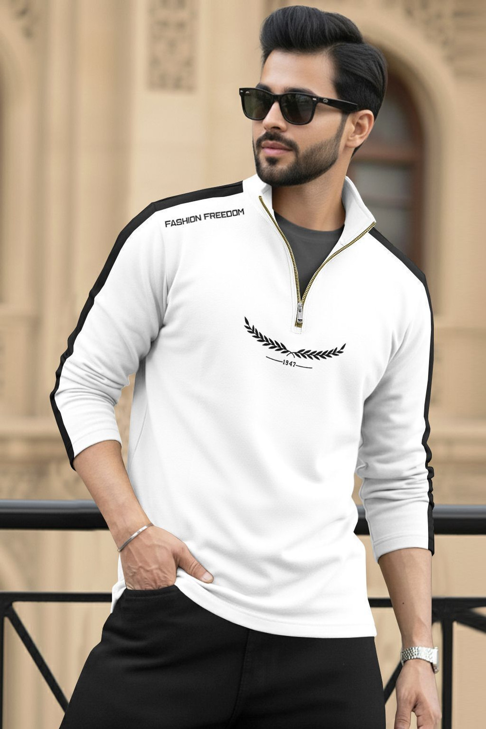 Image of TRIPR Printed Men Henley Neck White, Black T-Shirt