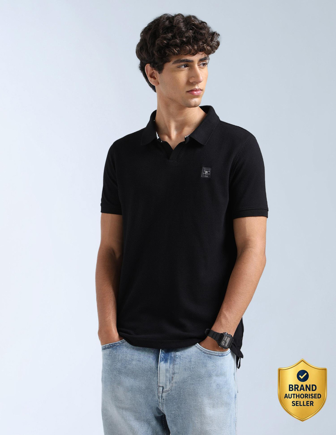 Image of FLYING MACHINE Self Design Men Polo Neck Black T-Shirt
