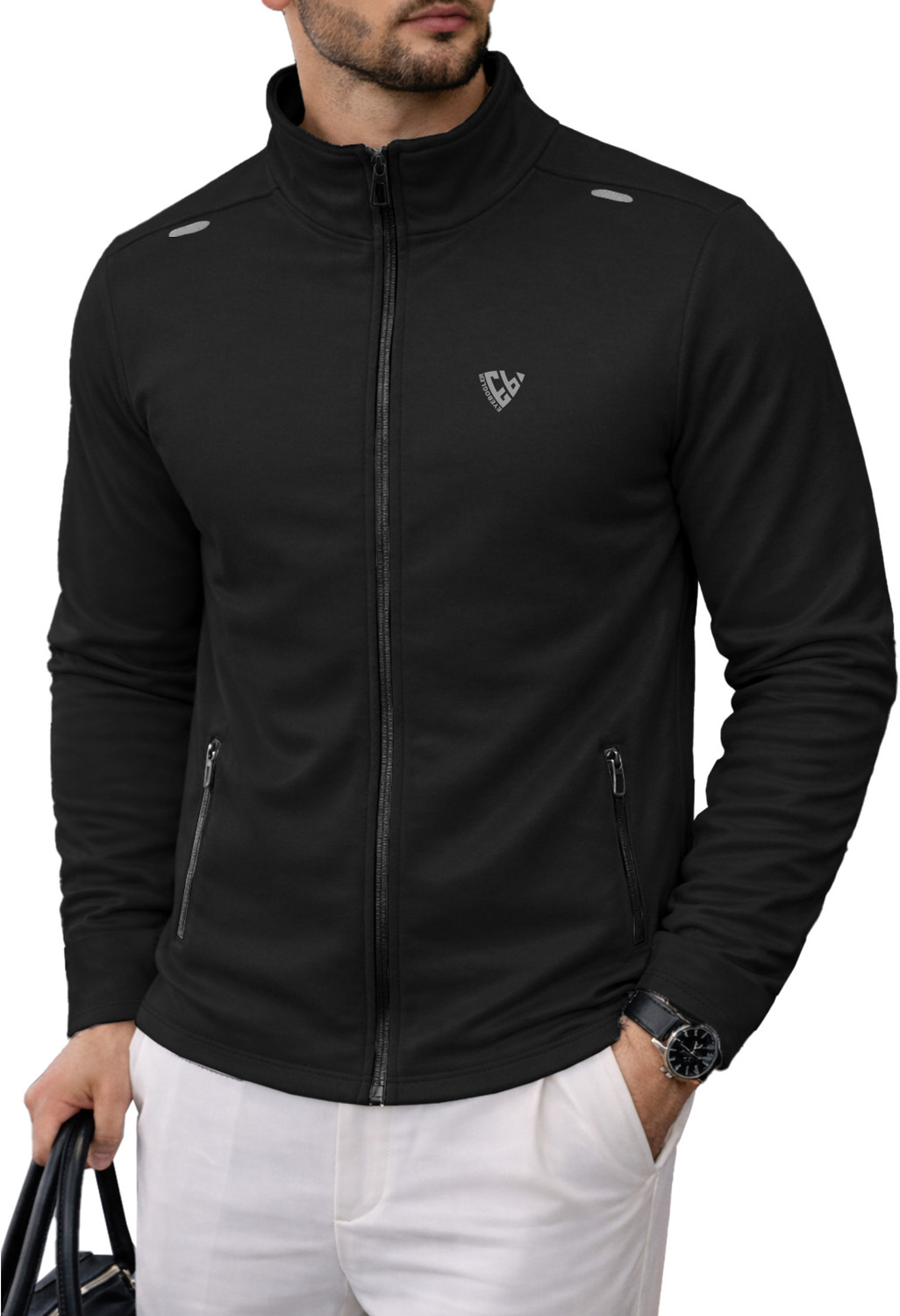 Image of EyeBogler Printed Men Zip Neck Black T-Shirt