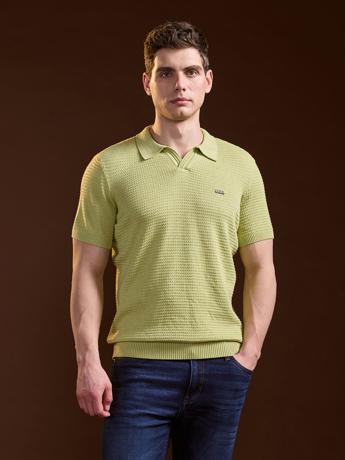 Image of THE BEAR HOUSE Self Design Men Polo Neck Green T-Shirt