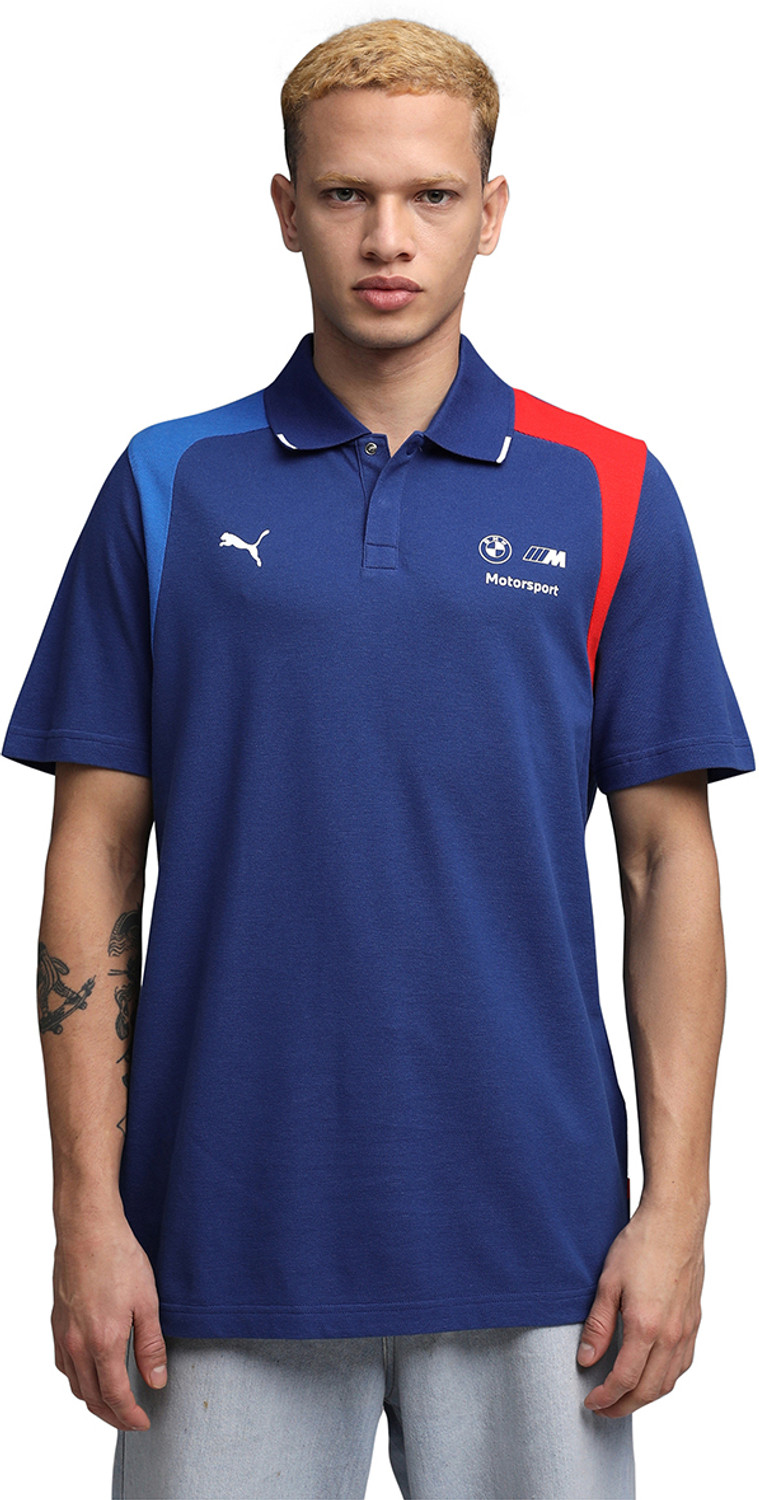 Image of PUMA Colorblock Men Polo Neck Blue T-Shirt
