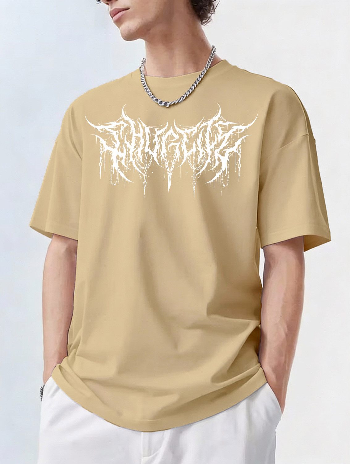 Image of FLYIND VOGUE OUTFIT Printed Men Round Neck Beige T-Shirt