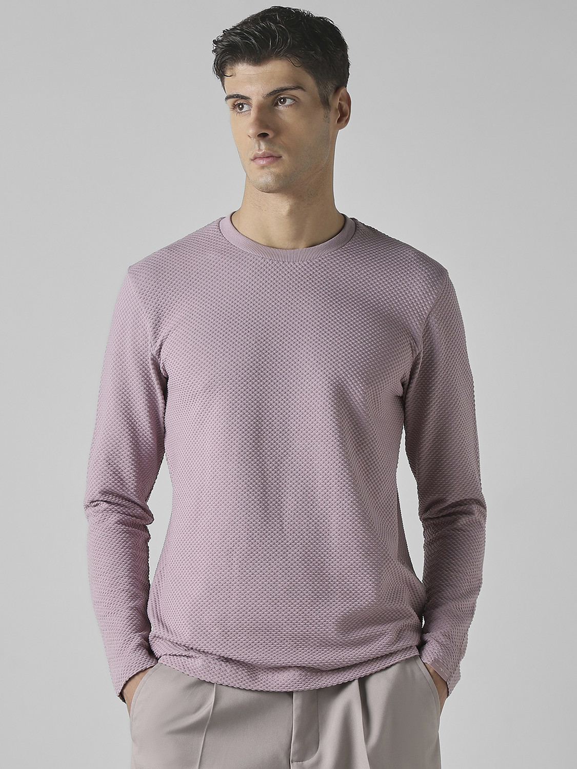 Image of MUFTI Solid Men Crew Neck Purple T-Shirt