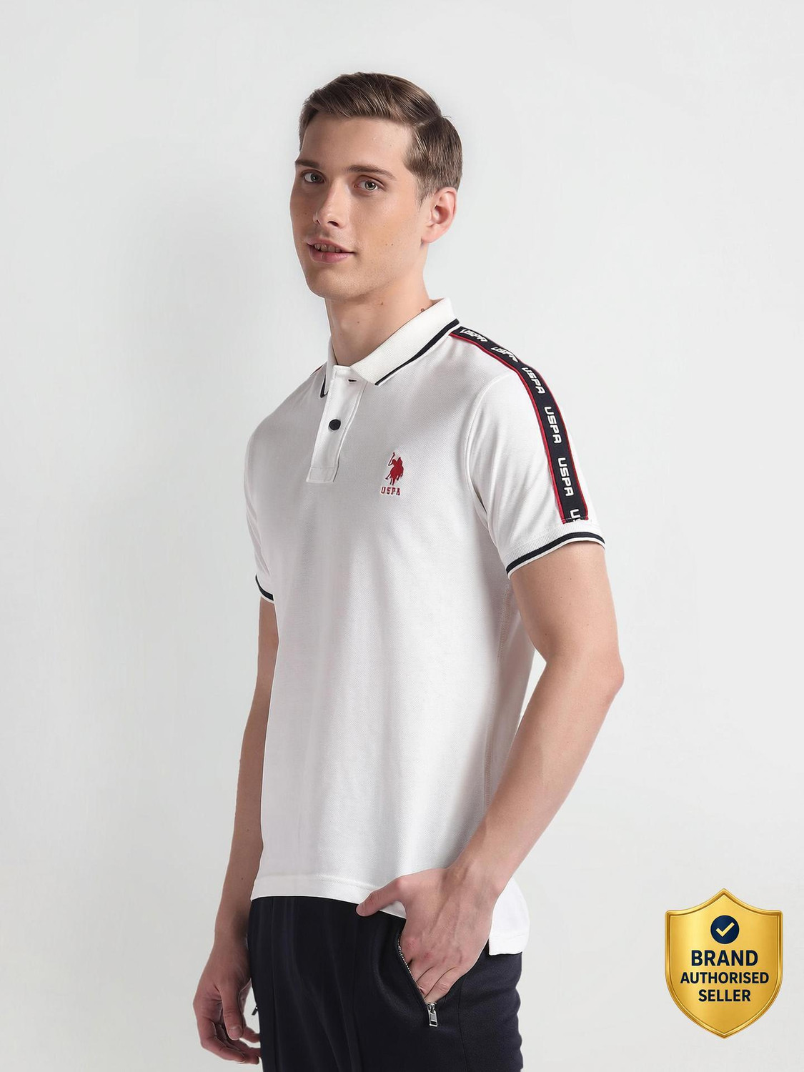 Image of U.S. Polo Assn. Denim Co. Solid Men Polo Neck White T-Shirt