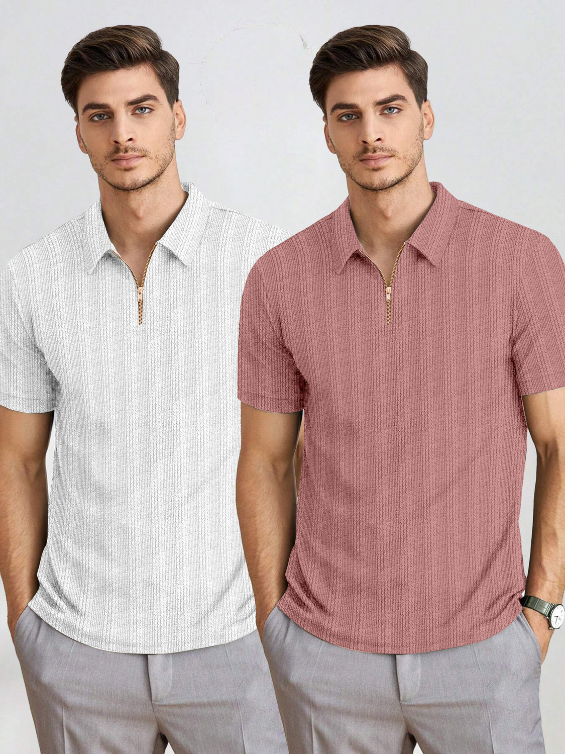 Image of COMBRAIDED Striped Men Zip Neck White, Pink T-Shirt