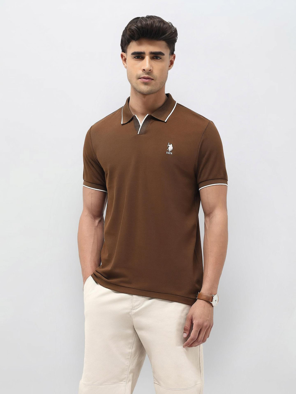 Image of U.S. POLO ASSN. Solid Men Polo Neck Brown T-Shirt