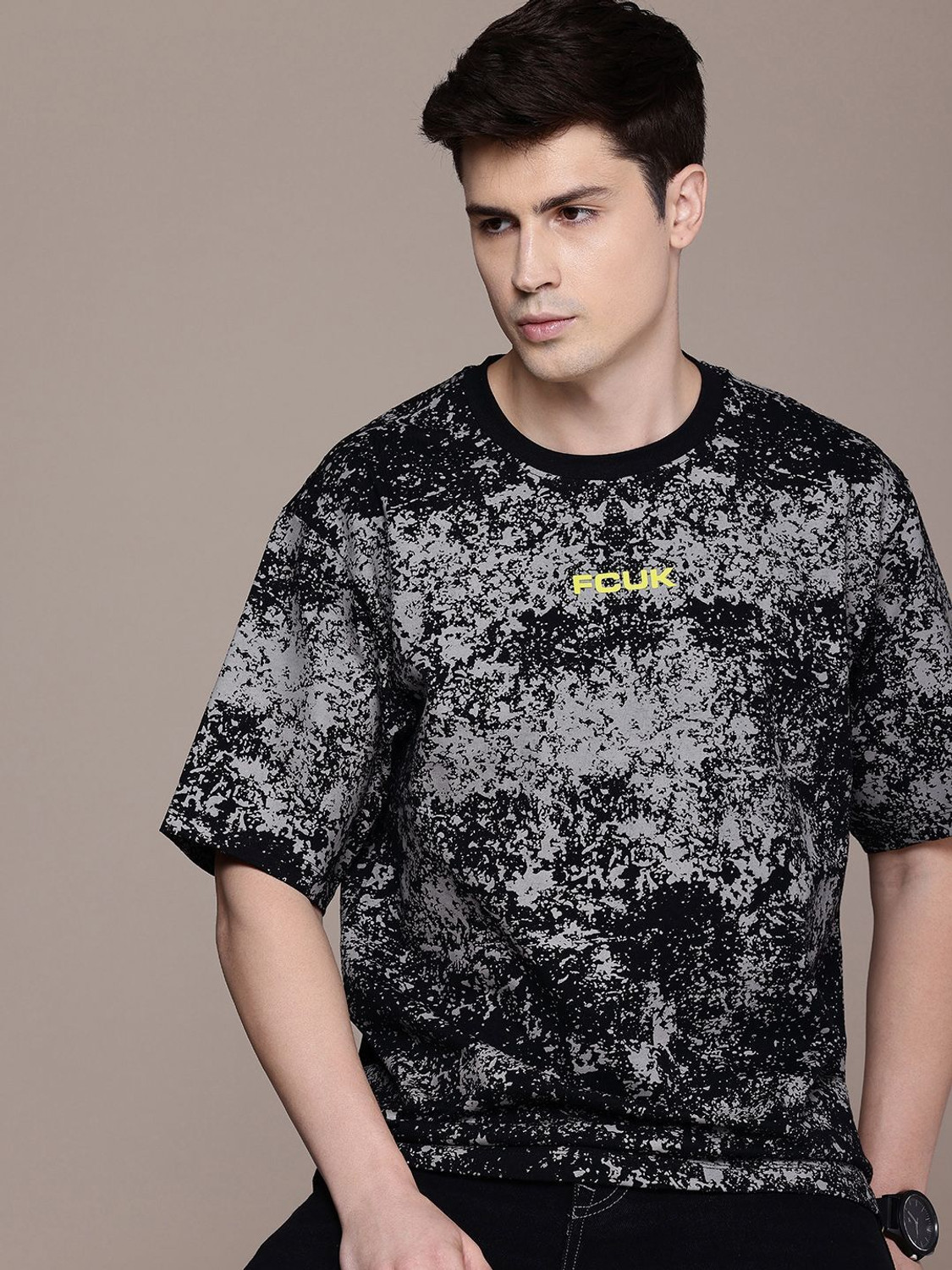 Image of FCUK Printed Men Round Neck Black T-Shirt
