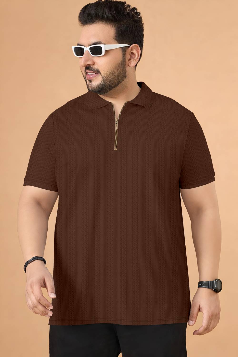 KAJARU Men Solid Zip Neck Polyester Brown T-Shirt