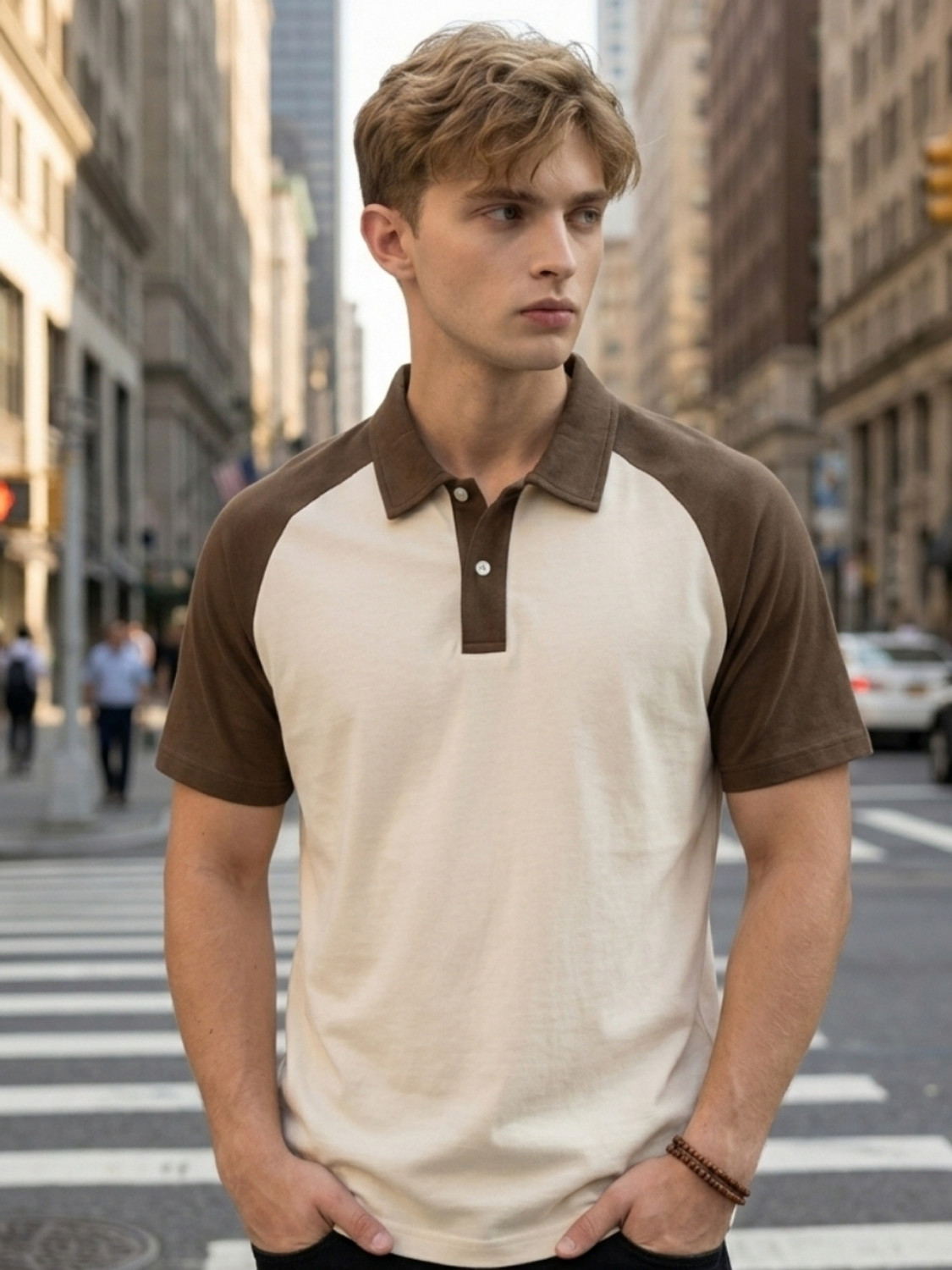 Image of YONGE Colorblock Men Polo Neck Brown T-Shirt