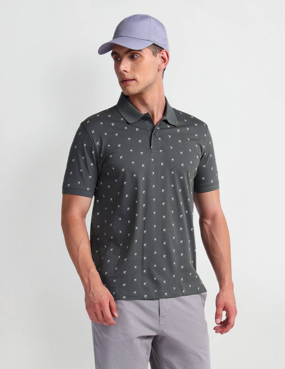 Arrow Sport Printed Men Polo Neck Grey T-Shirt