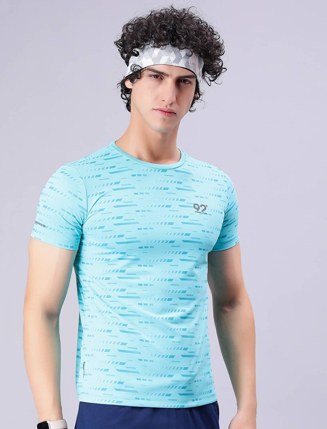 92 Ninety Two Men Printed Round Neck Polyester Blue T-Shirt