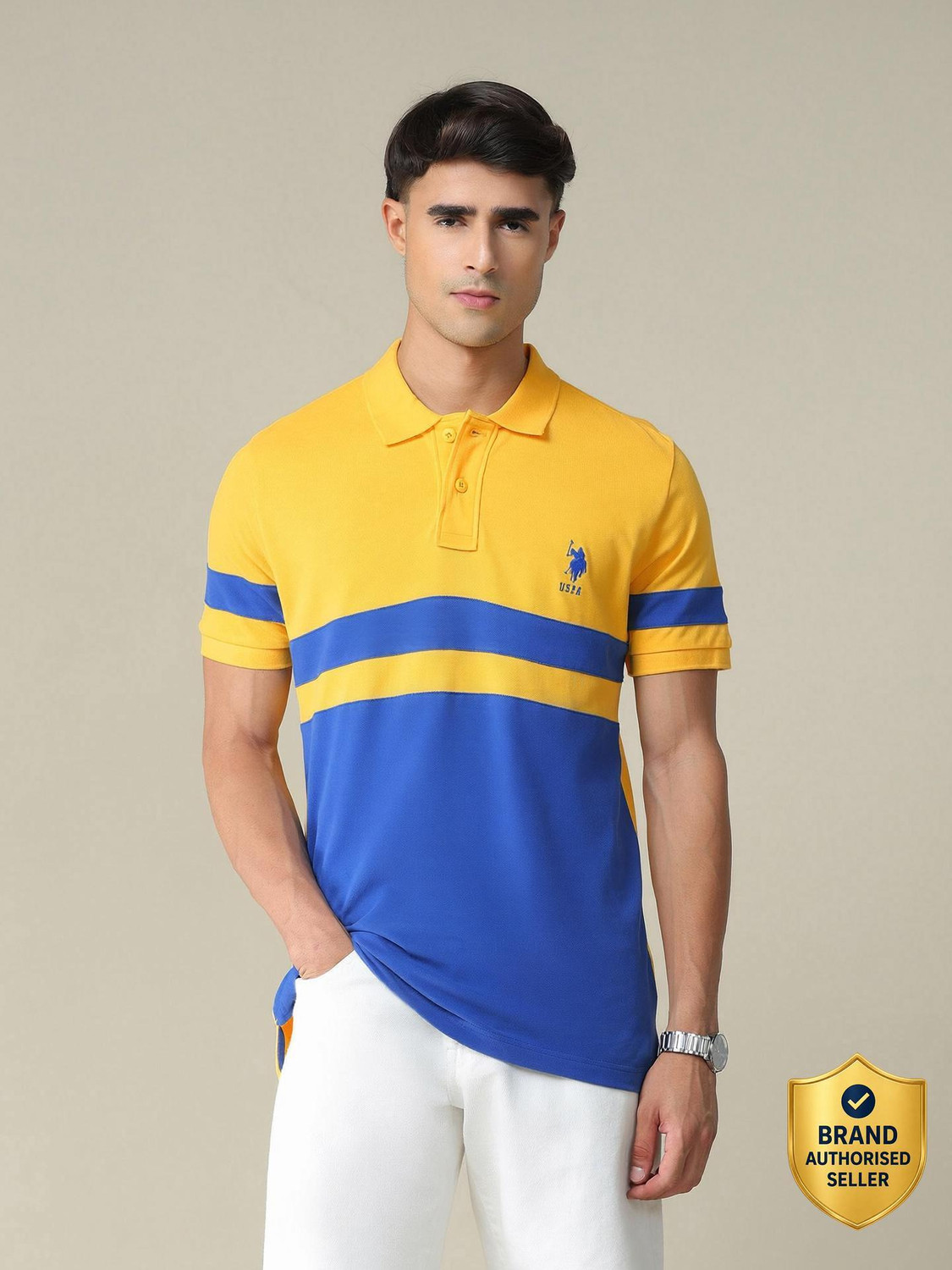 Image of U.S. POLO ASSN. Colorblock Men Polo Neck Yellow, Dark Blue T-Shirt