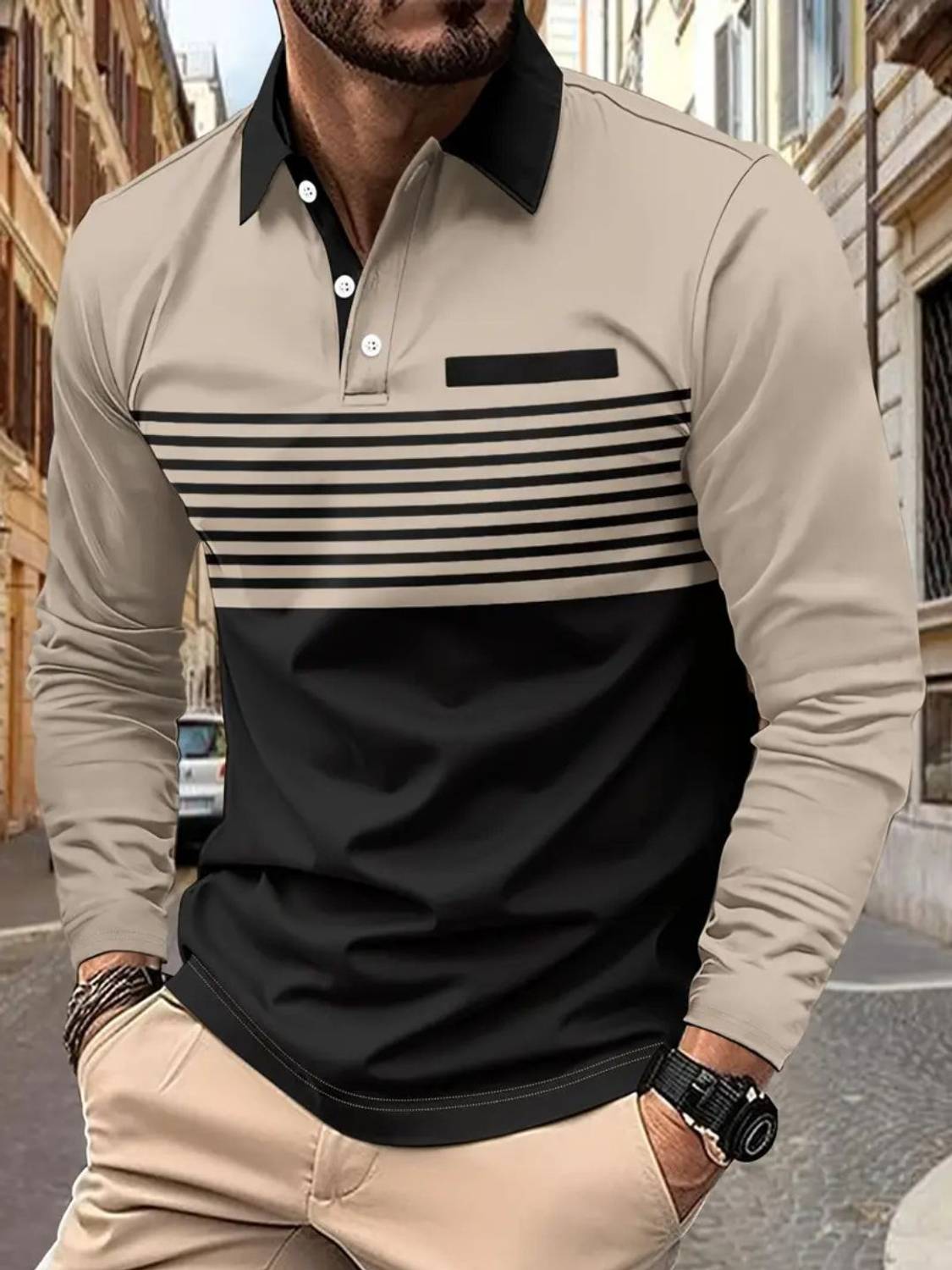 TrendsTalk Printed Men Polo Neck Beige T-Shirt - Image 1