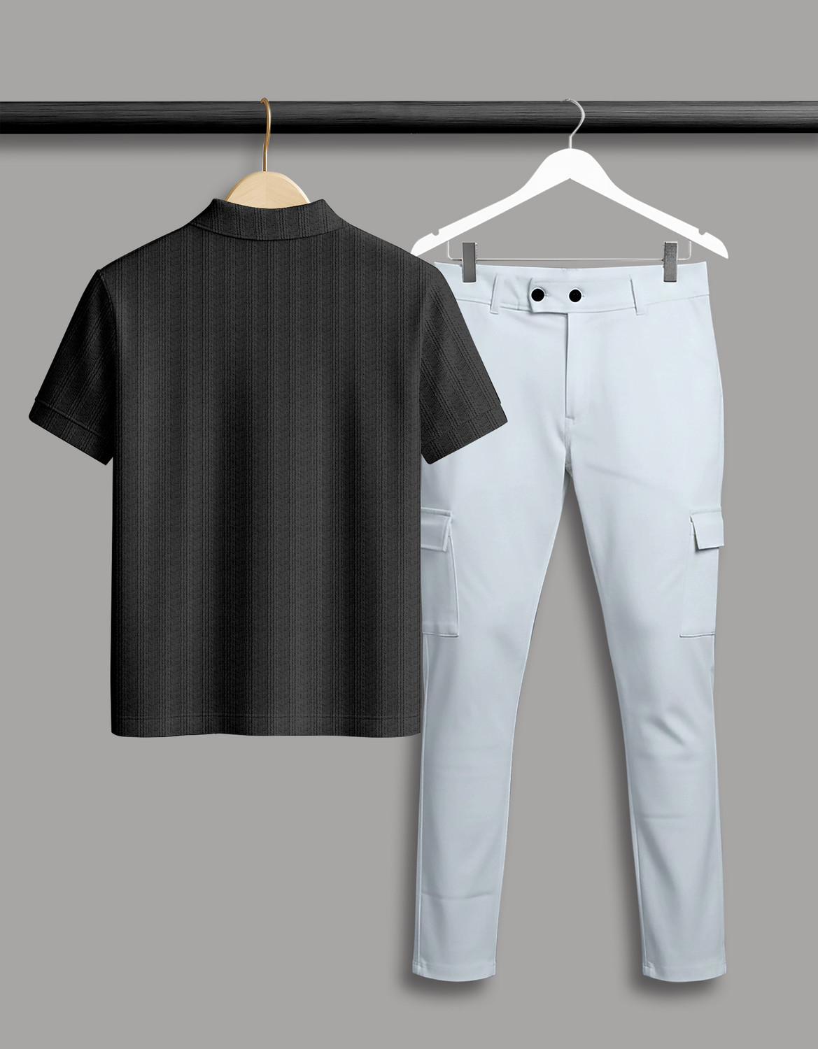 Image of COMBRAIDED Self Design Men Polo Neck Black, Grey T-Shirt