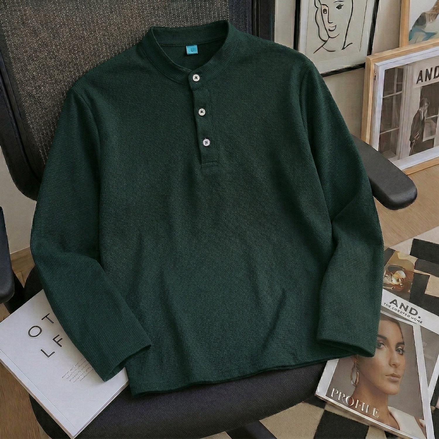 Image of Try This Self Design Men Henley Neck Dark Green T-Shirt