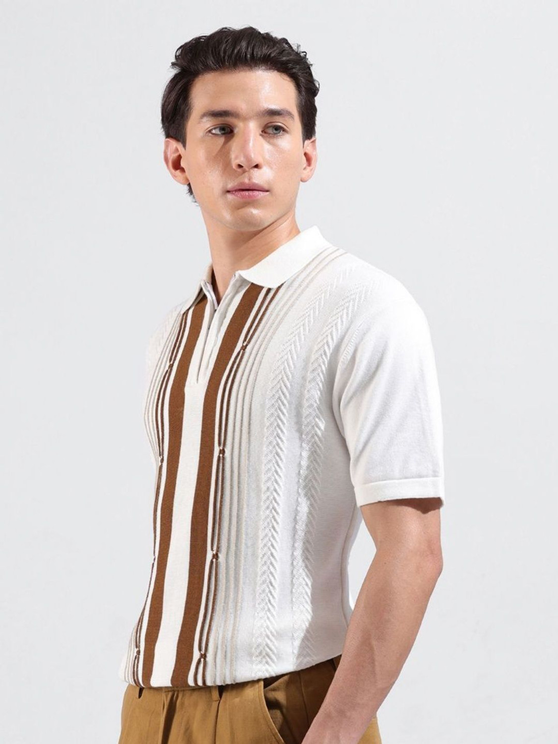 Image of The Indian Garage Co. Self Design Men Polo Neck White T-Shirt