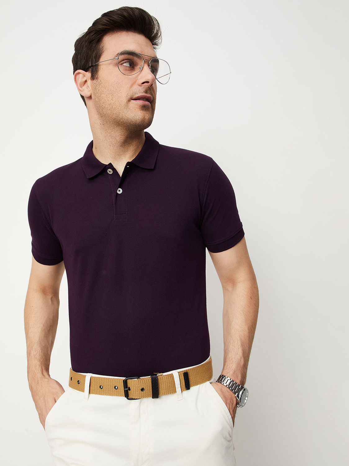 Image of MAX Solid Men Polo Neck Purple T-Shirt