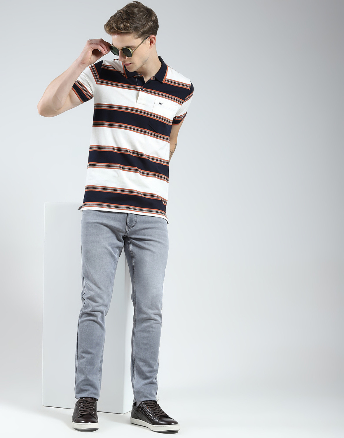 Image of MONTE CARLO Striped Men Polo Neck Blue T-Shirt