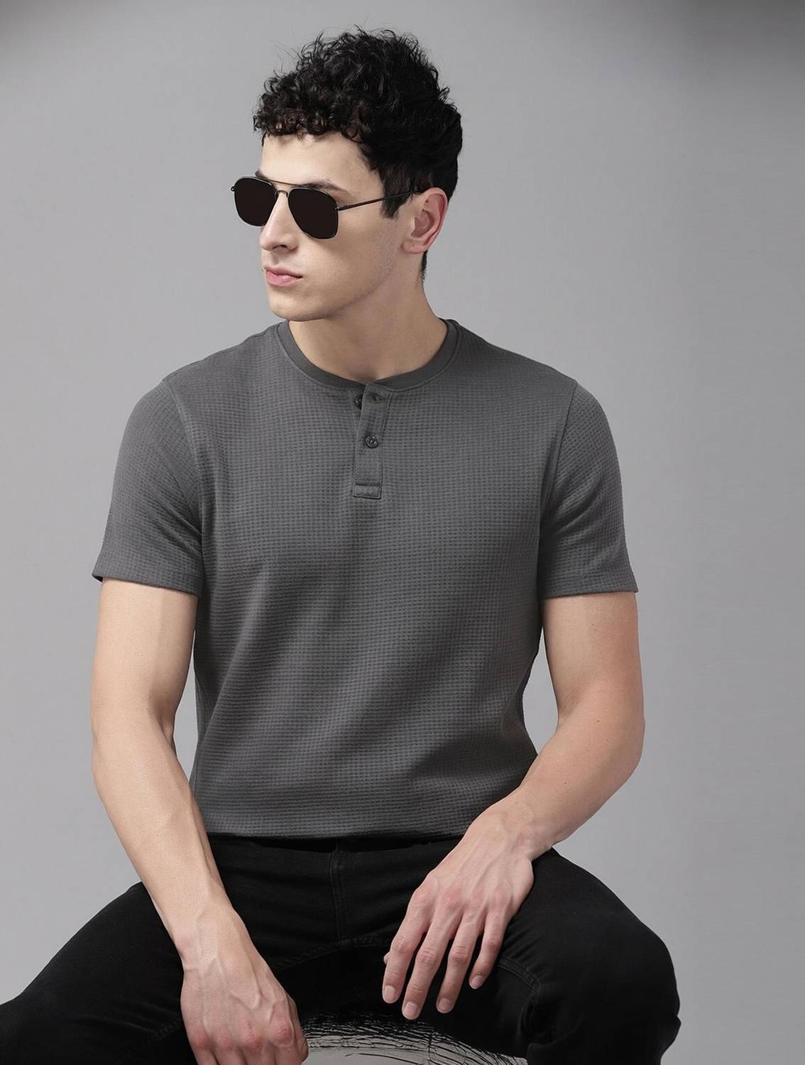 Roadster Men Henley Neck Black T-Shirt - Image 1