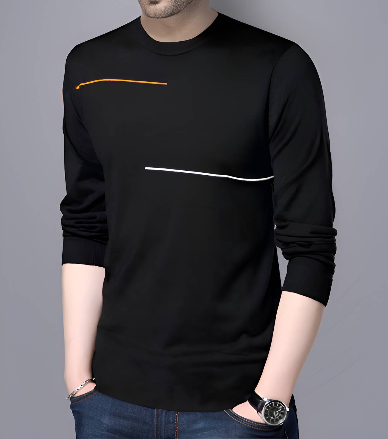 Reya Men Striped Round Neck Cotton Blend Black T-Shirt