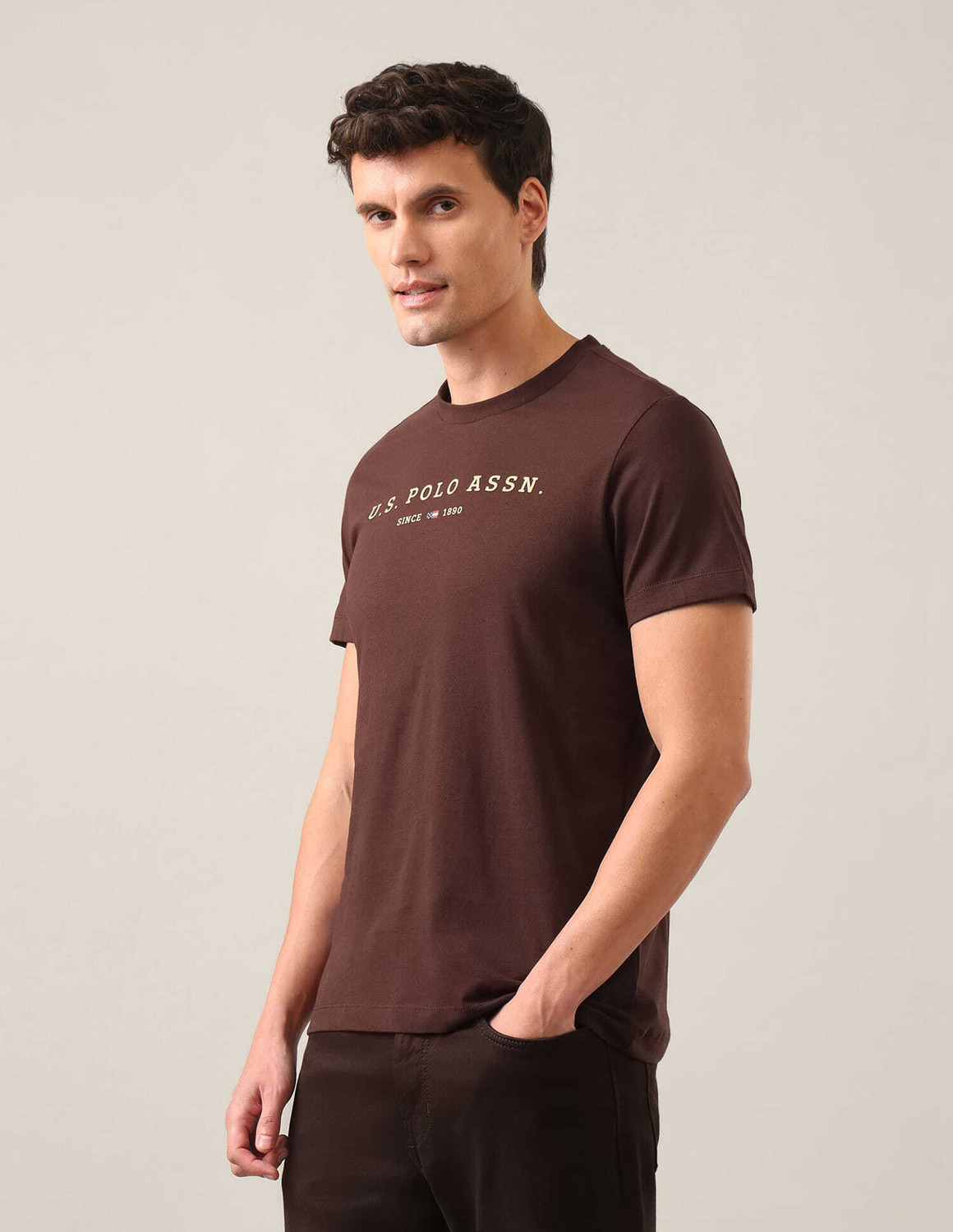 Image of U.S. POLO ASSN. Graphic Print Men Round Neck Brown T-Shirt