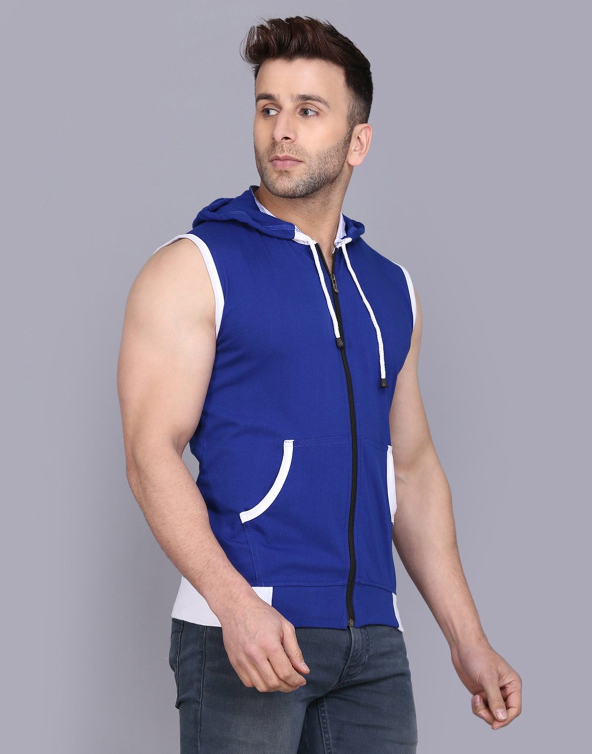 Image of ELABOT Colorblock Men Hooded Neck Blue, White T-Shirt