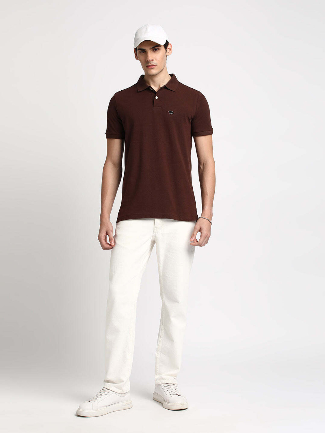 Image of THE BEAR HOUSE Solid Men Polo Neck Brown T-Shirt